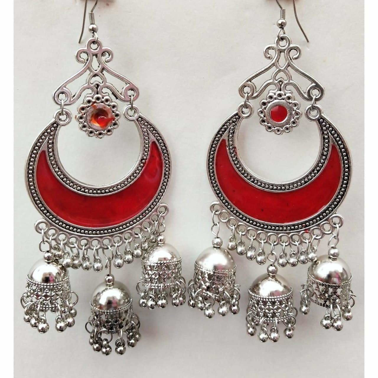 MS Fashion India Red Enamel Silver Oxidized Half Moon Triple Jhumka Floral Hanging Earrings