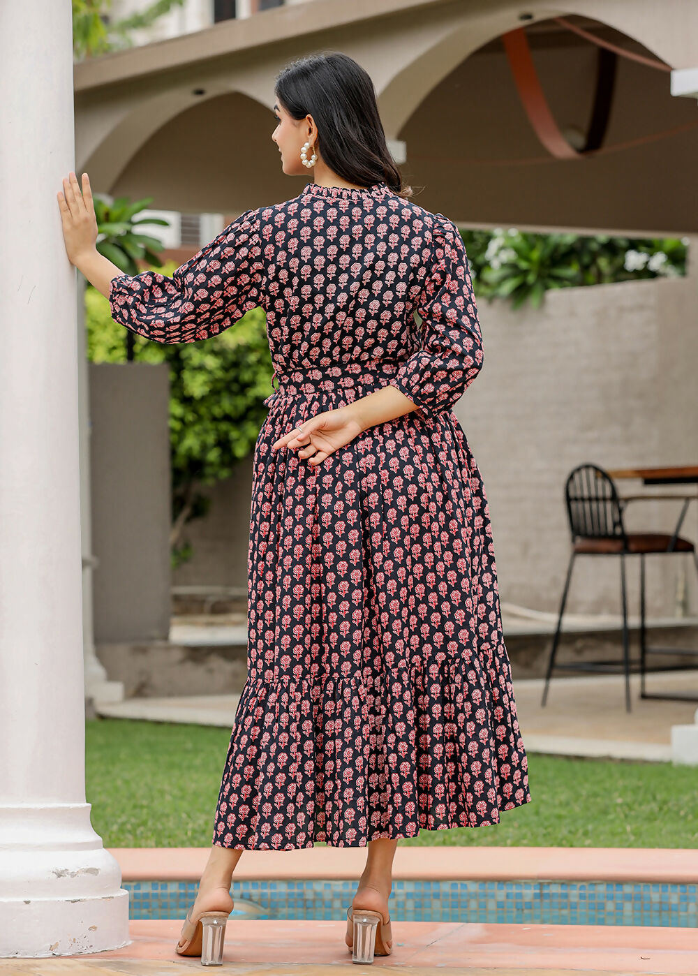 Kaajh Women's Black Bagru Print Floral Cotton Dress