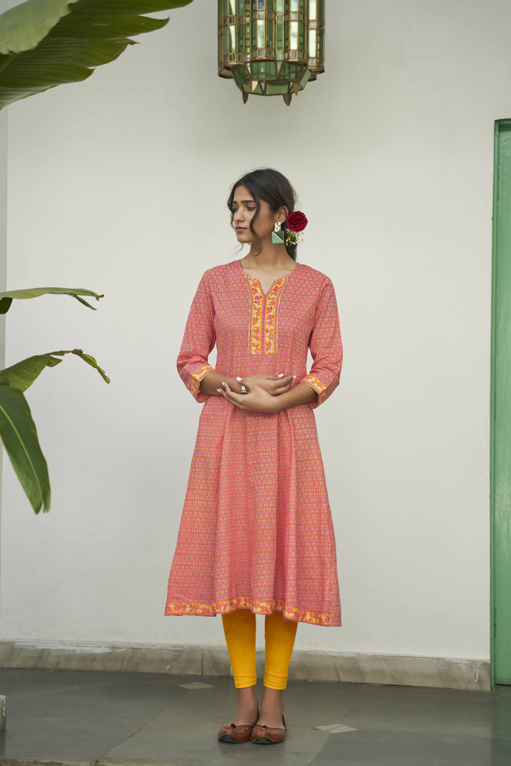 Peach Cotton Floral Printed A line Kurta - Prasuti