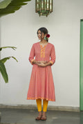 Peach Cotton Floral Printed A line Kurta - Prasuti