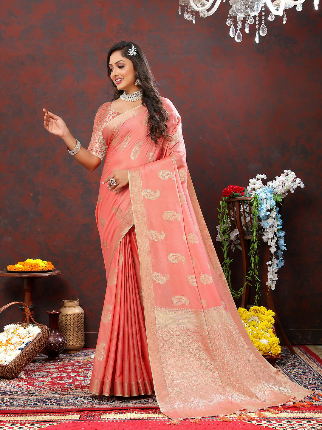 Lorenvalley Fashion Peach Cotton Woven Design with Zari Weaving Design Saree