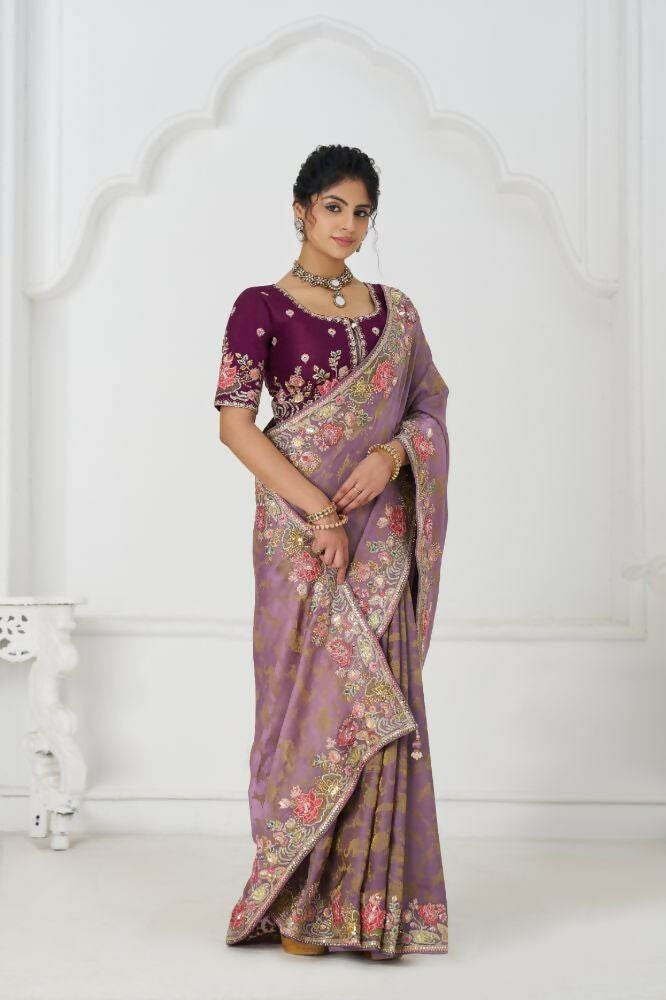 Kesar Fab Bloom In Style: Mauve With Vibrant Thread Work & Floral Motifs Saree