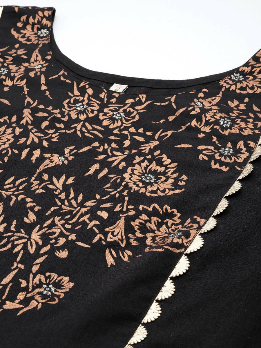 Ahalyaa Women Black Floral Printed Pure Cotton Kurta with Palazzos
