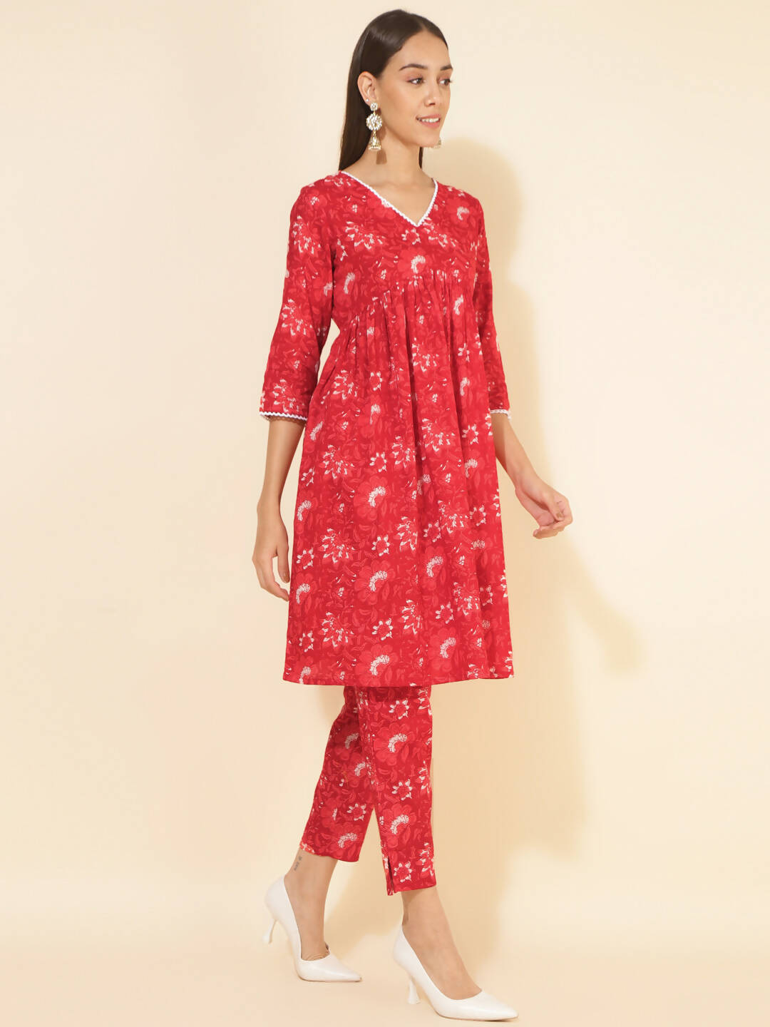 Janasya Women's Red Cotton Floral Printed Casual Flared Co-ords