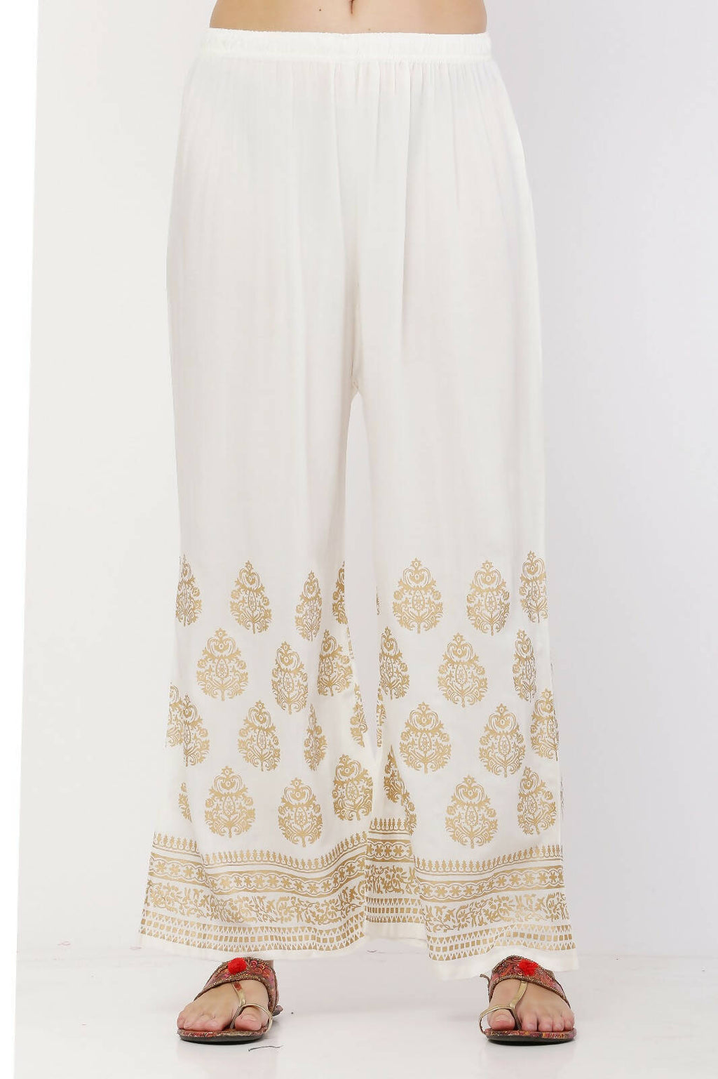 PAVONINE White Color Golden Printed Rayon Fabric Sharara For Women