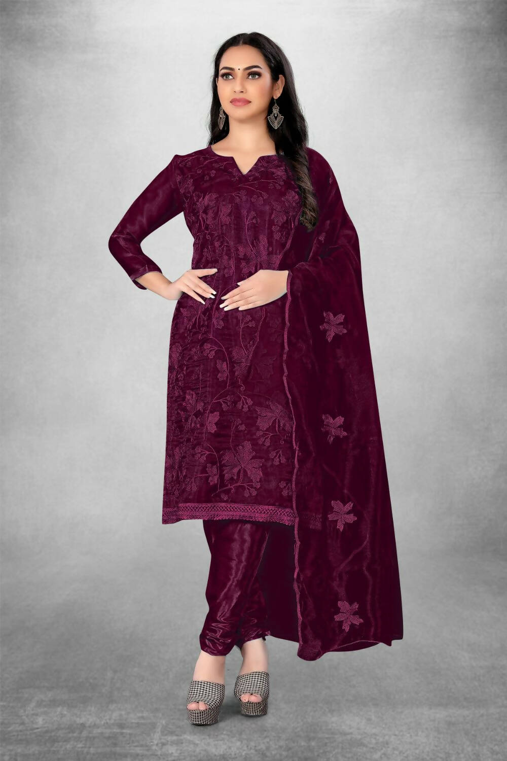 Wine Heavy Organza Silk Embroidered Unstitched Dress Material - Amara