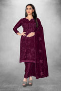 Wine Heavy Organza Silk Embroidered Unstitched Dress Material - Amara