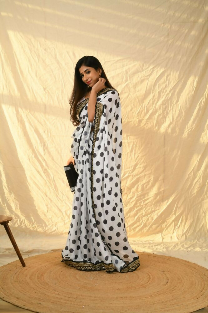 Vamsee Polka Dot Black & White Nylon Saree