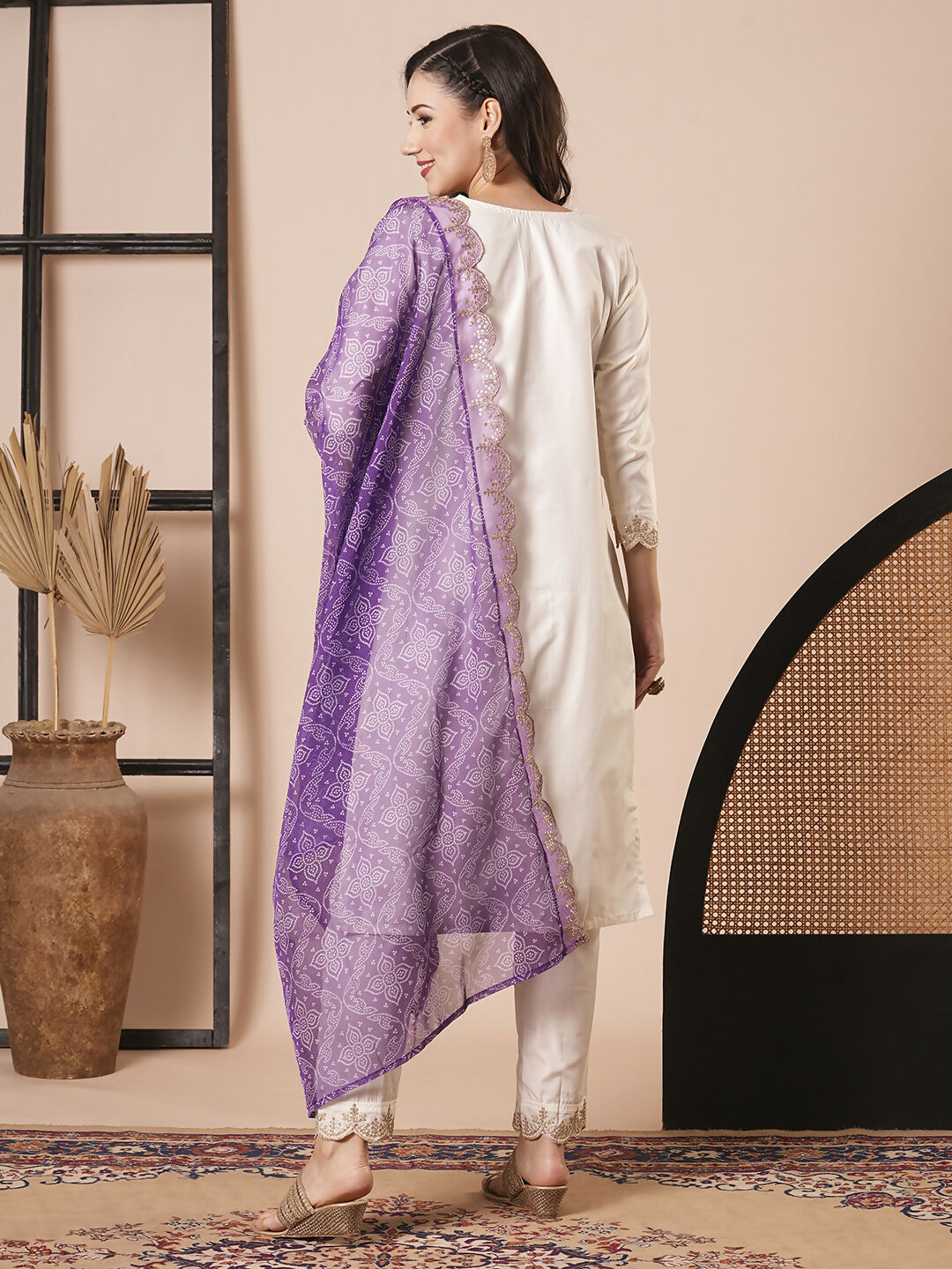 Off White Roman Silk Embroidery Work, Printed Kurta Set - Riya