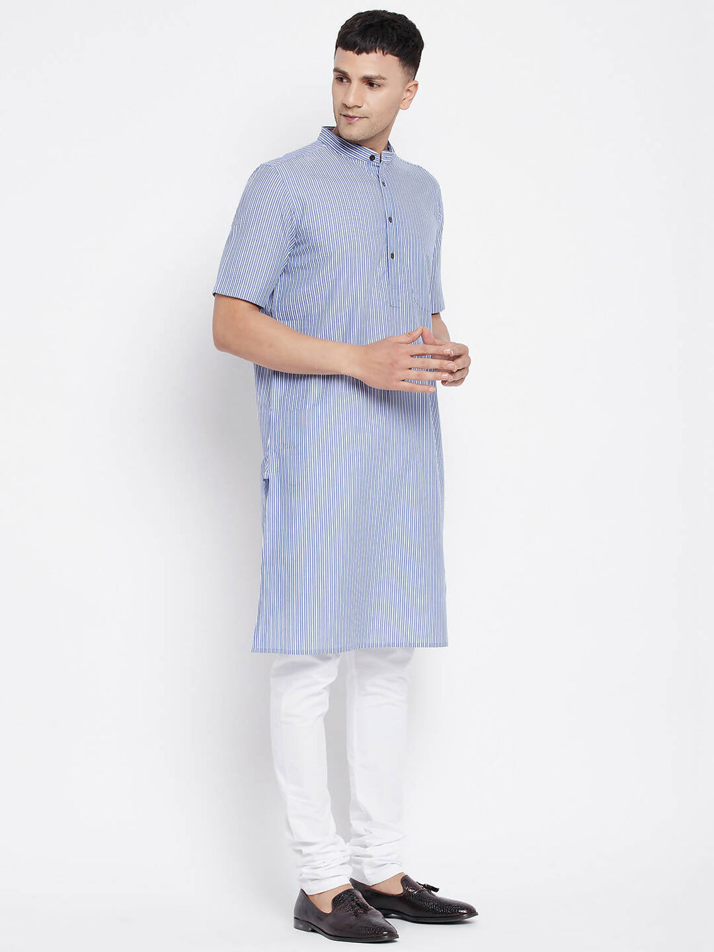 Even Apparels Blue Men's H/S Pure Cotton Kurta With Band Collar