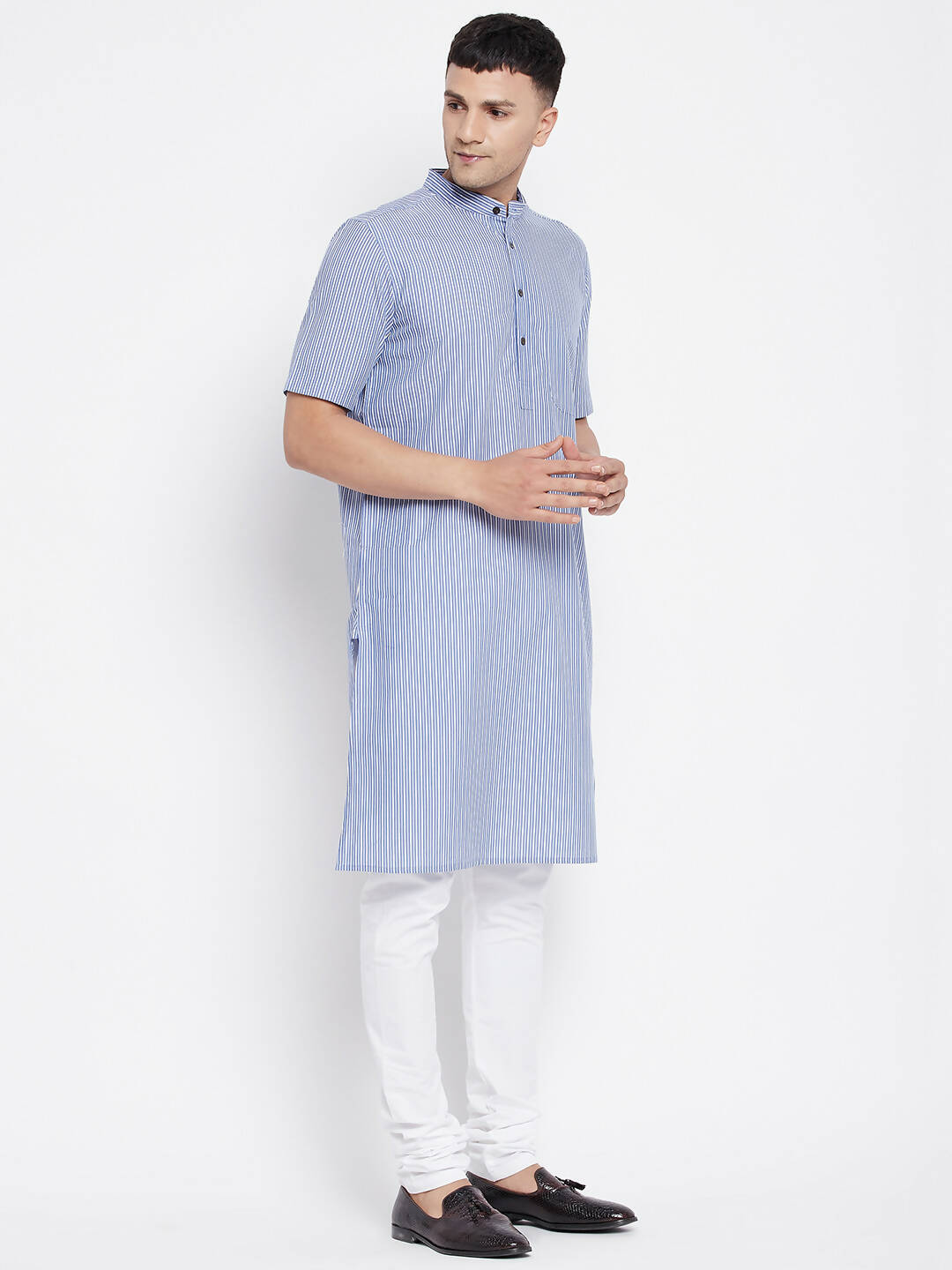 Even Apparels Blue Men's H/S Pure Cotton Kurta With Band Collar