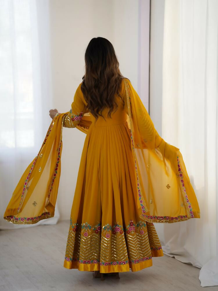Joban Fashion Mustard Georgette Sequence Embroidery Work Readymade Kurta Set