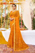 Mustard Georgette Foil Printed Saree with Unstitched Blouse piece - Avika