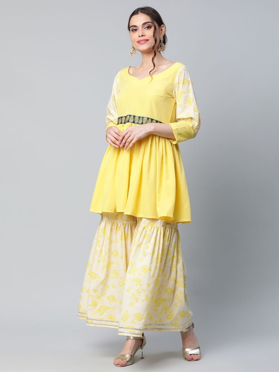 Ahalyaa Women Yellow Crepe Floral Short Kurta with Sharara Set