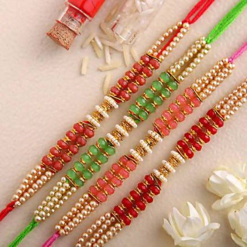 Set of 4 Pretty Pearls Rakhi and Cashew Jar