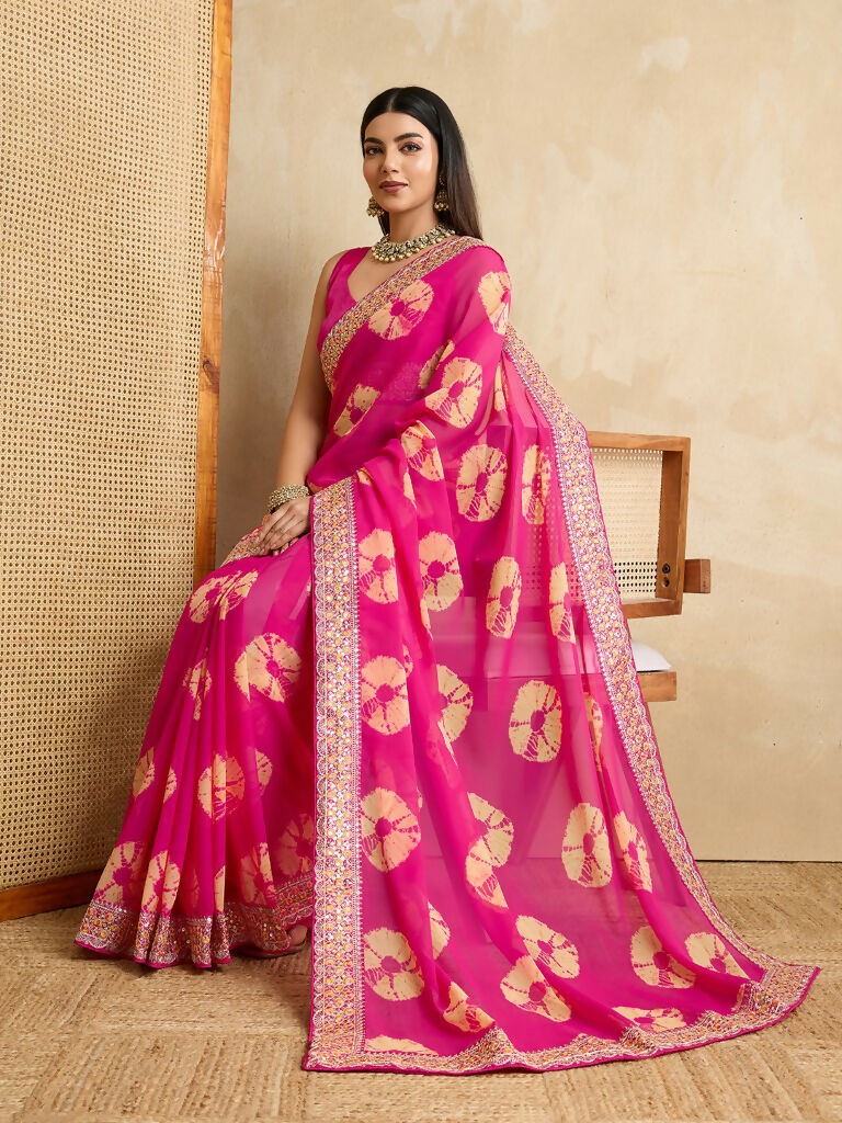 Pink Georgette Printed Designer, Embroidery Work Lace Border Saree - Aarvi
