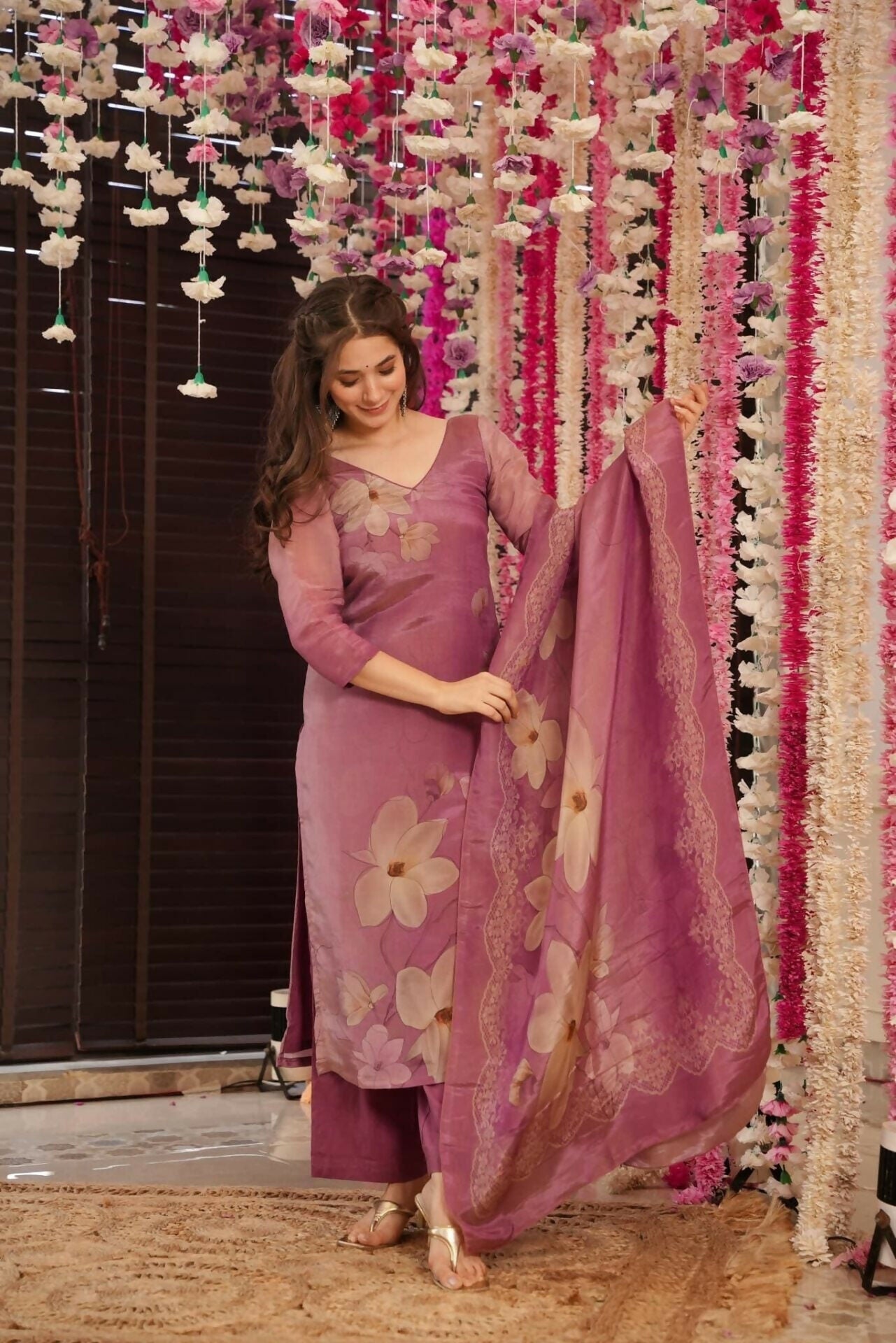 The52 Onion Gorgeous Floral Printed Zarna Silk Fabric Straight Kurta Pant with Dupatta Set