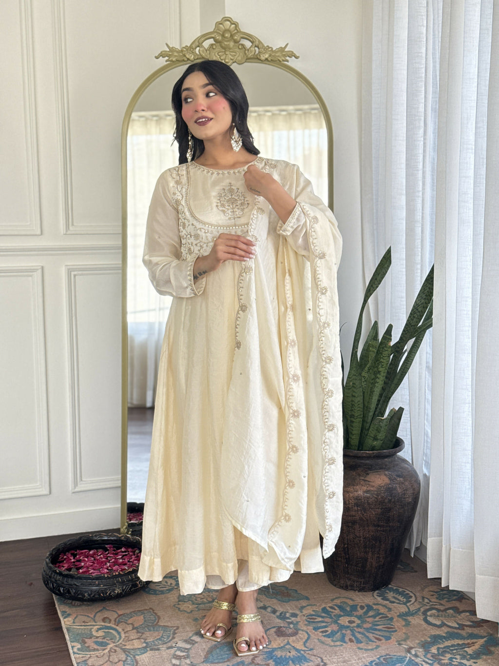 The52 CreamWomen's Gorgeous Embroidered Vichitra Silk Fabric Flared Kurta Pant with Dupatta Set