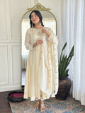 The52 CreamWomen's Gorgeous Embroidered Vichitra Silk Fabric Flared Kurta Pant with Dupatta Set