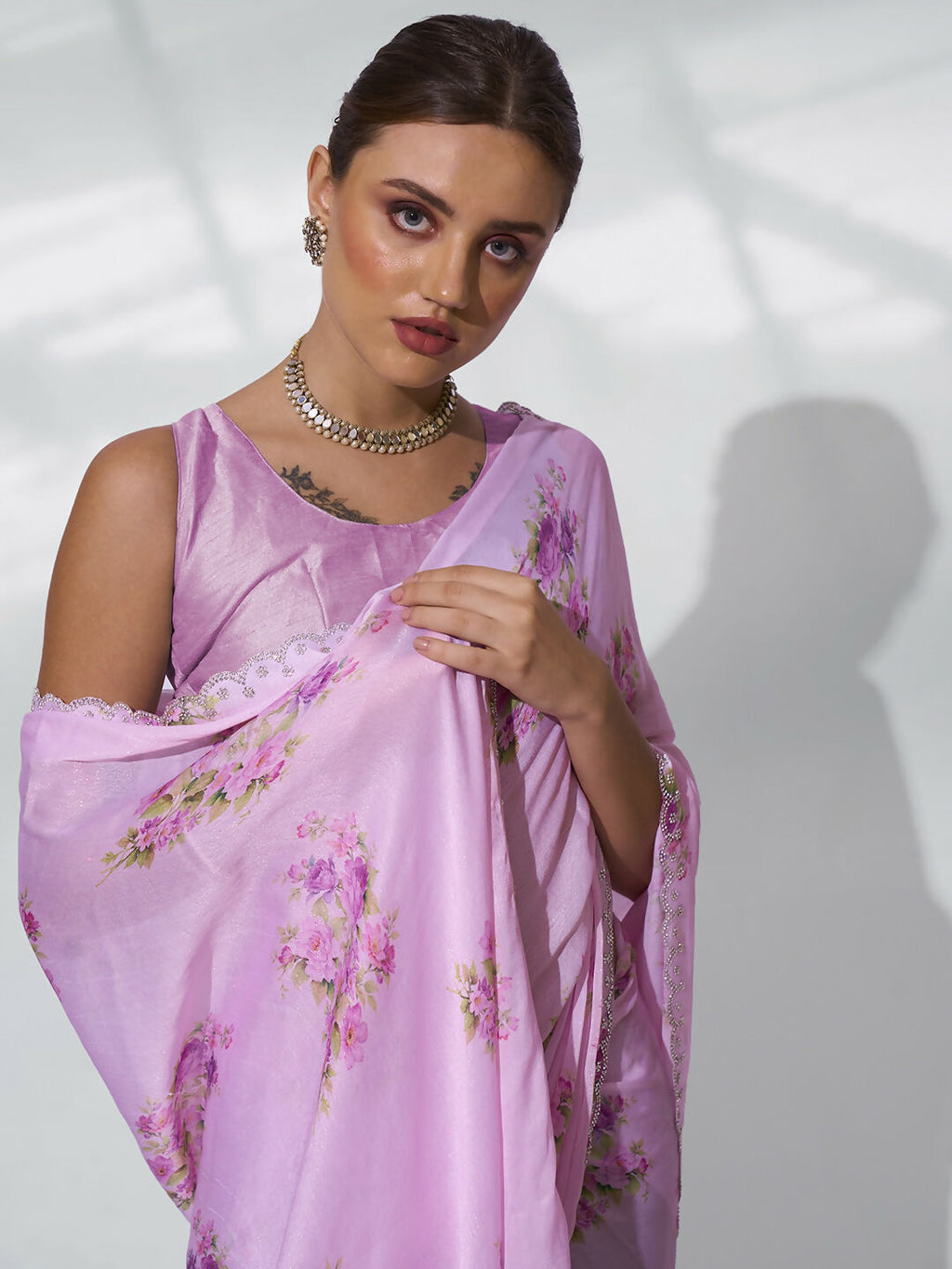 Pink Satin Shimmer Designer Printed Saree - Shezlin
