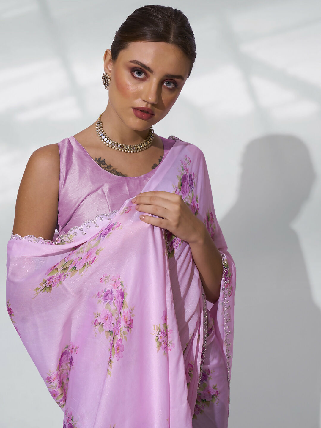 Pink Satin Shimmer Designer Printed Saree - Shezlin