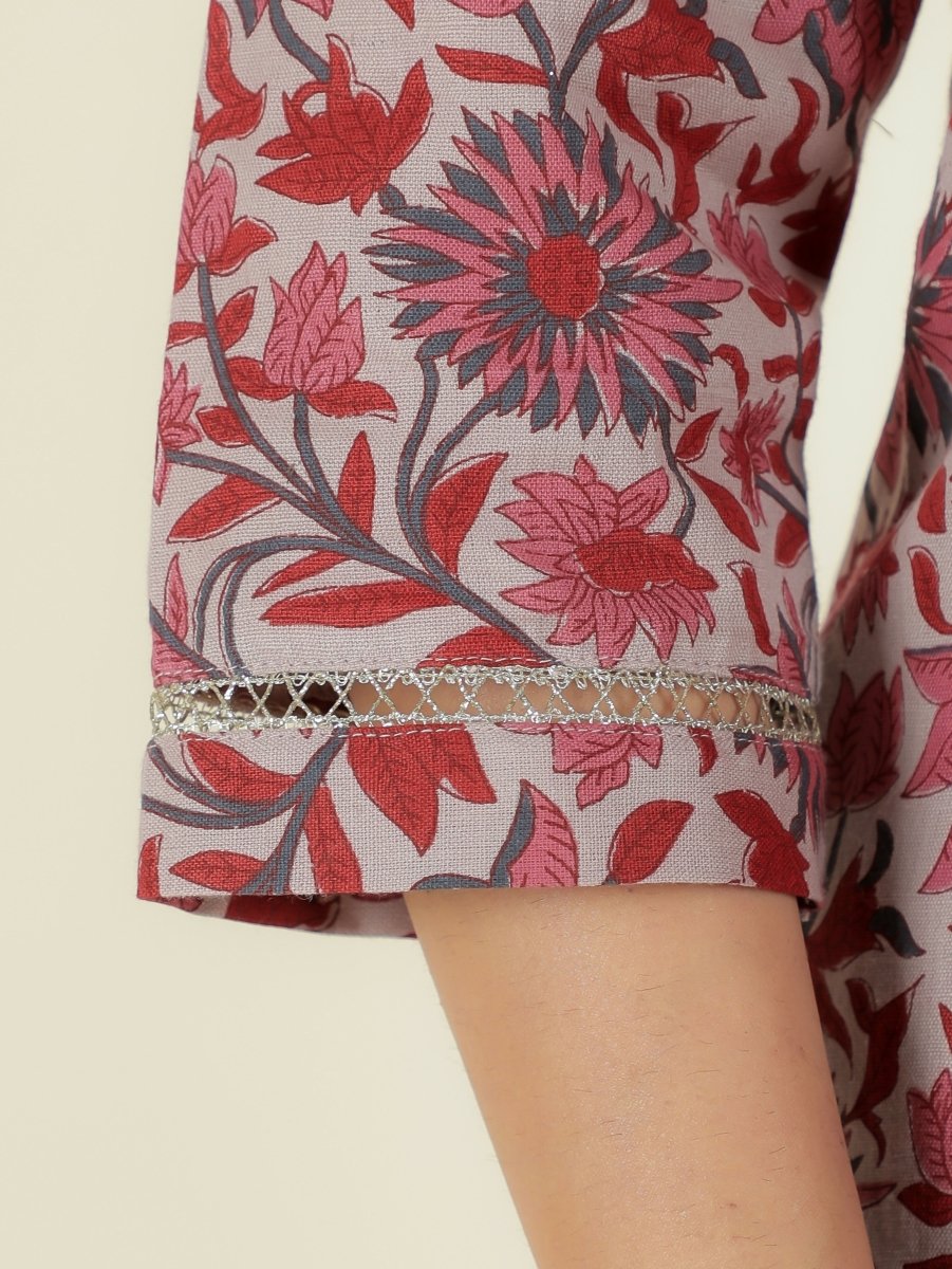 Aramya Straight Linen Cotton Floral Print Women's Kurta - Grey