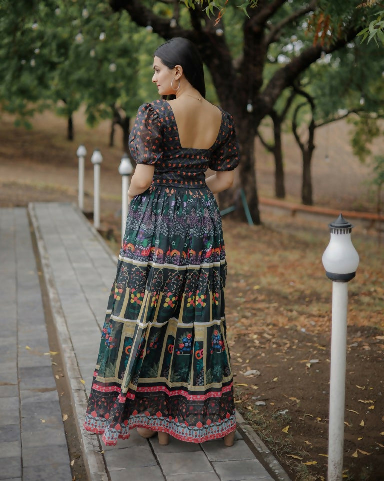 Jyoti Fashion Women's Black Heavy Digital Printed Pure Chanderi Anarkali Dress