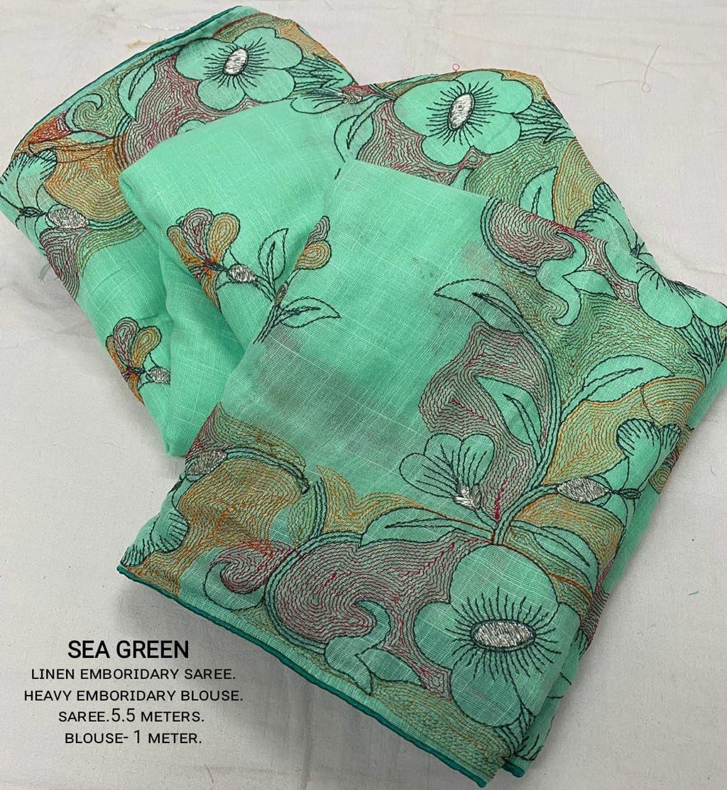 SeaGreen Pure Linen Ethnic Motifs Saree with Unstitched Blouse - Hiral Fashion