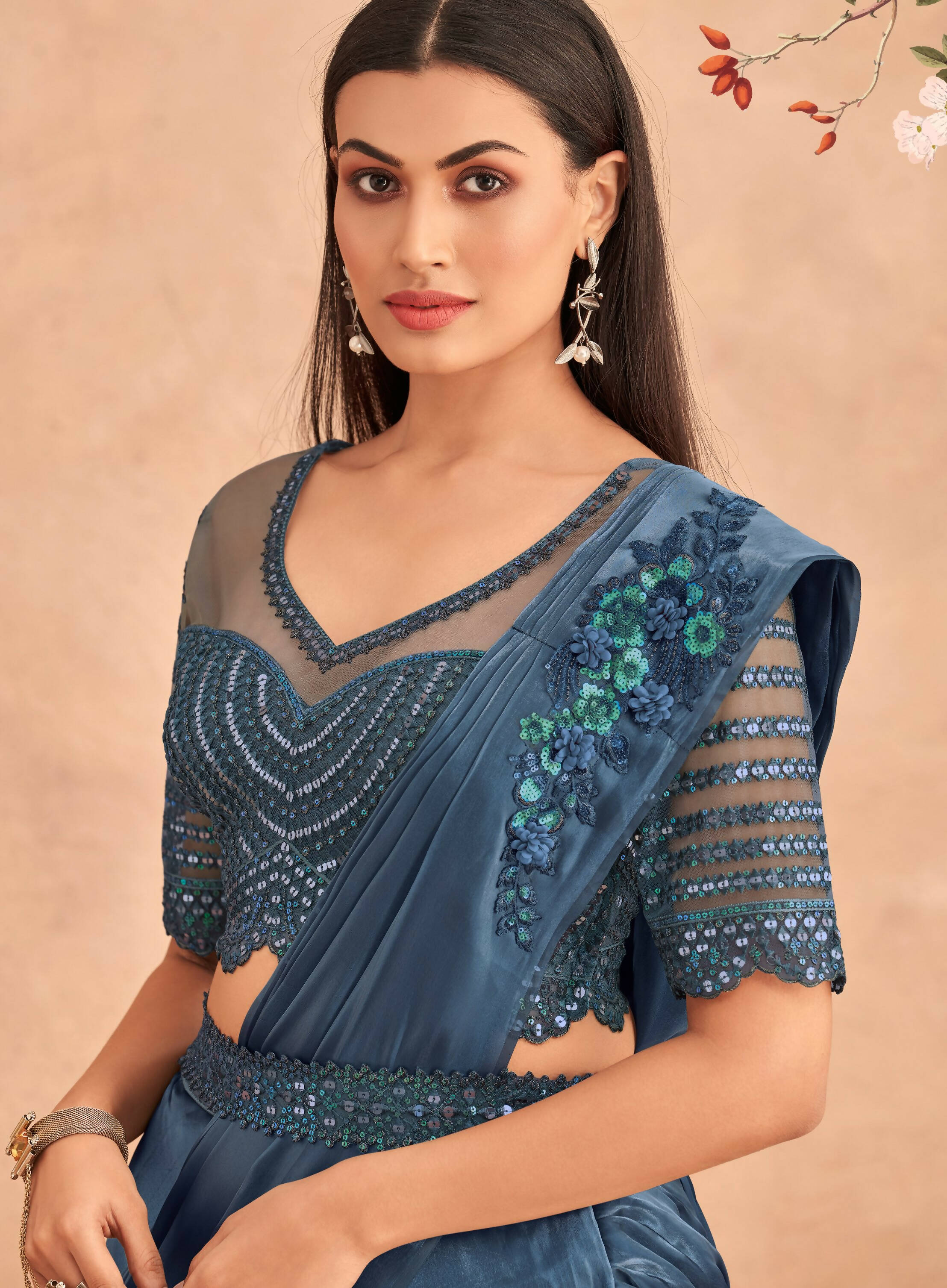 Navy Blue Satin Embroidered Ready To Wear Saree With Unstitched Blouse Piece - Nandika