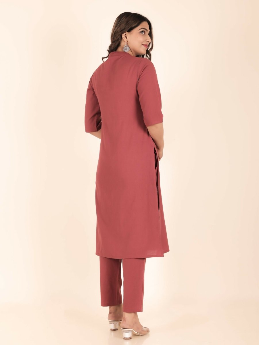 Aramya Pink Linen Cotton Solid Print Straight Kurta Set for Women