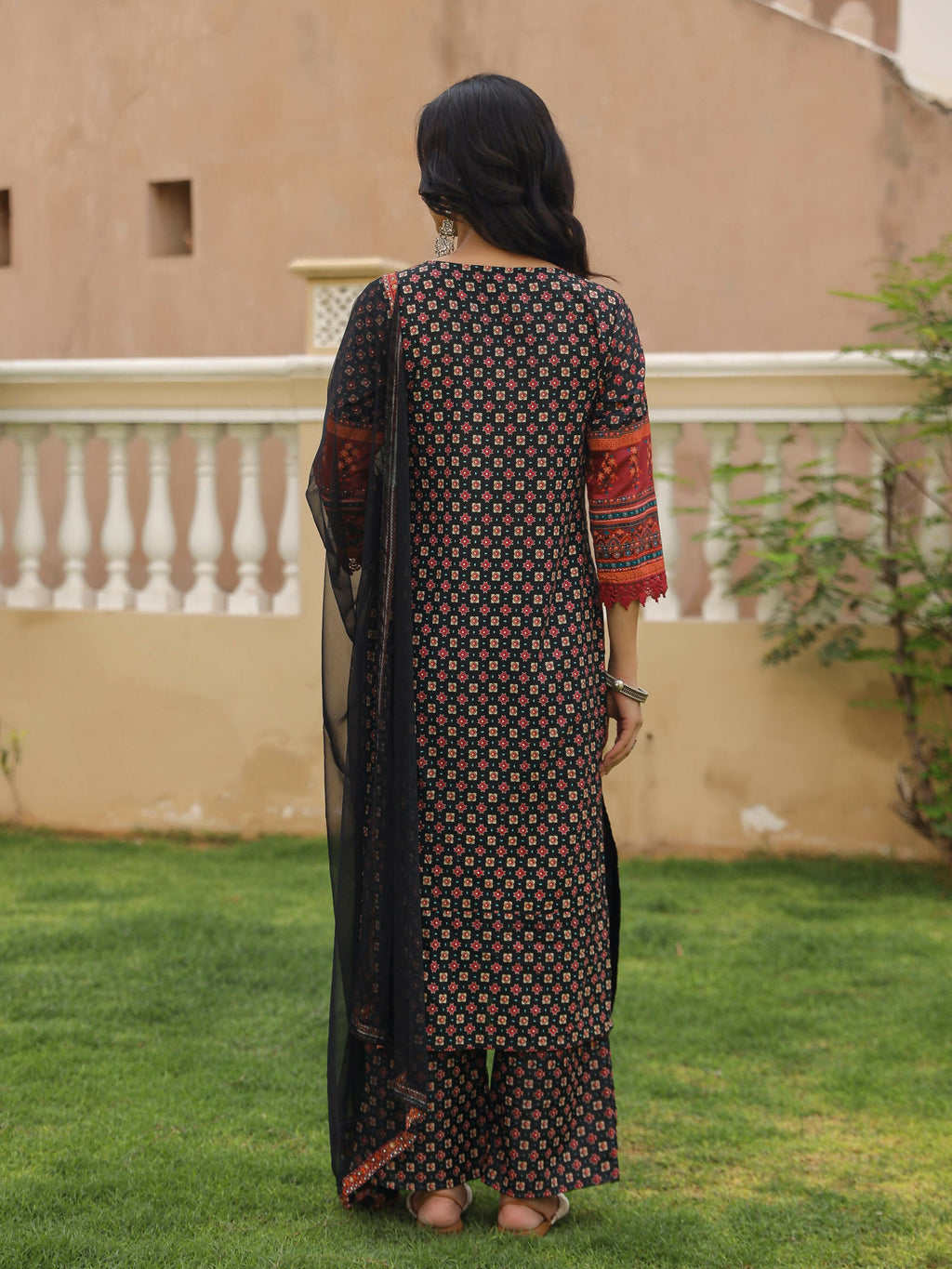 Juniper Women's Black Ethnic Motif Printed Rayon Kurta Palazzo And Dupatta With Mirror & Thread Work