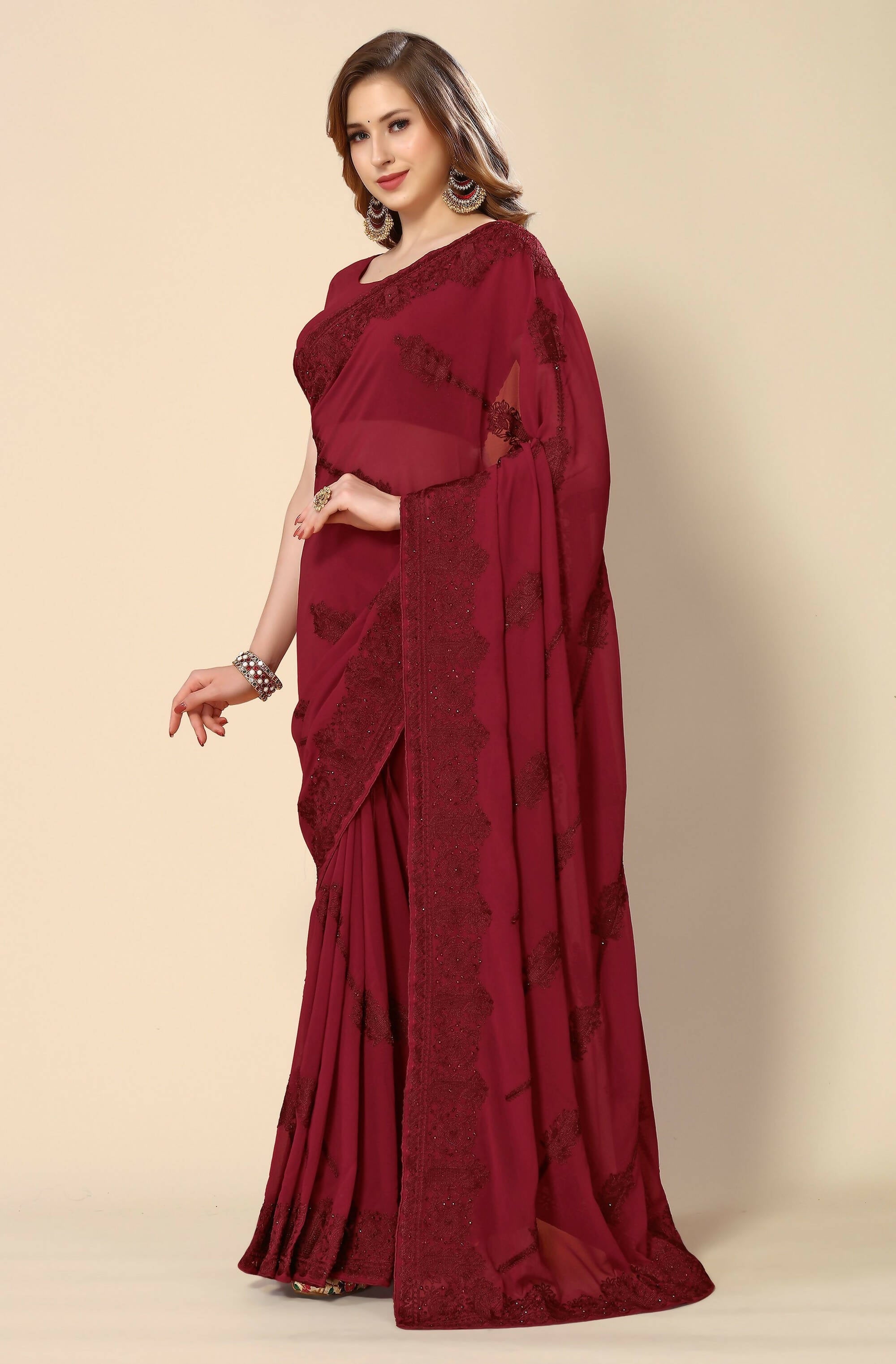 Maroon Georgette Embroidered and Stone Work Saree with Unstitched Blouse Piece - Roozal