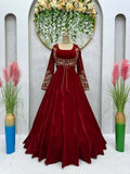 Vastranavya Maroon Velvet Thread With Sequence Work Gown With Koti