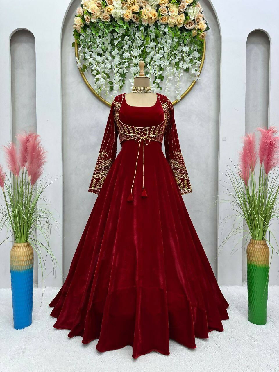 Vastranavya Maroon Velvet Thread With Sequence Work Gown With Koti