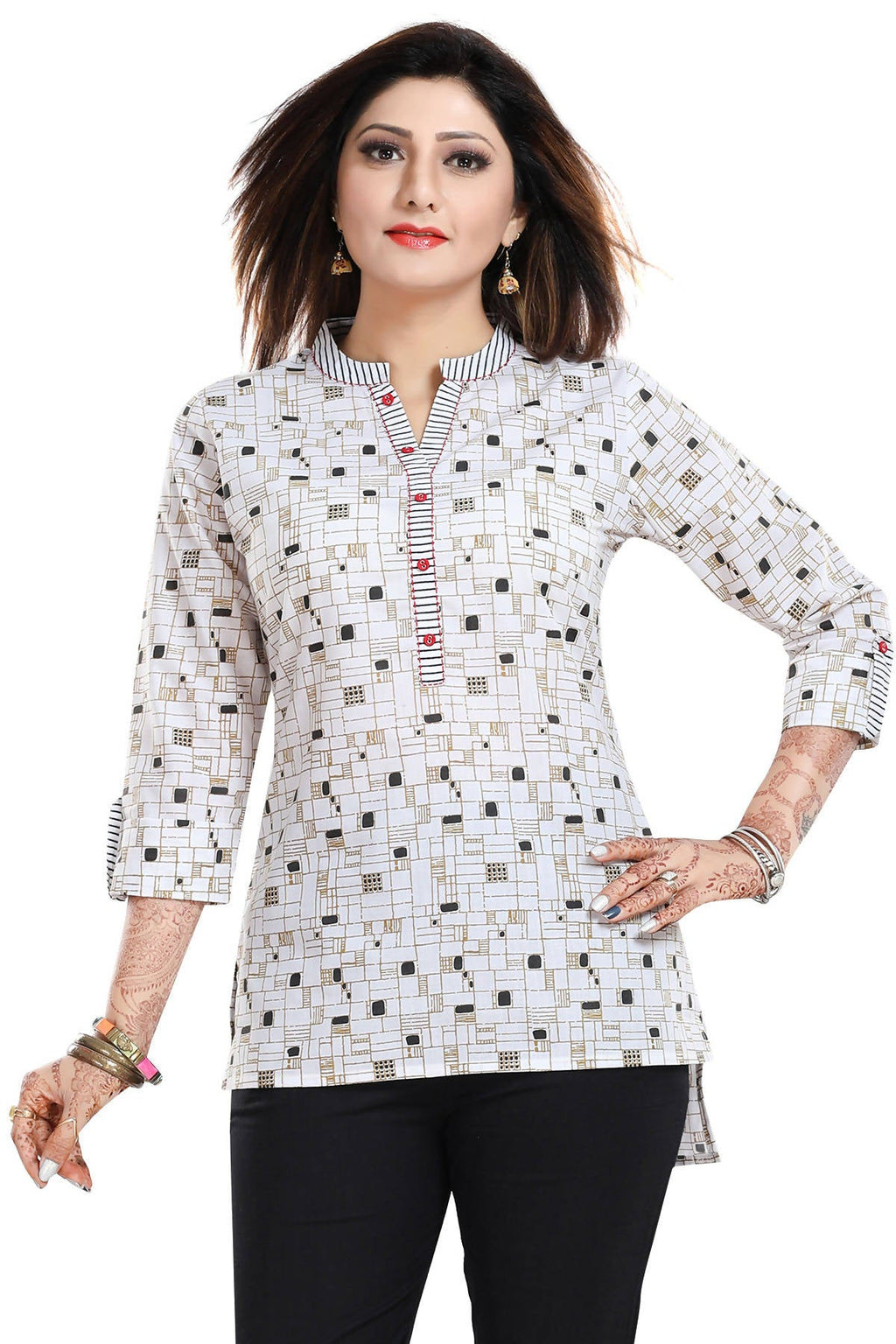 Snehal Creations Vibrant Vigour White Cotton Printed Short Tunic