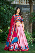 Vastranavya Printed and Foil Work Tussar Silk Lehenga with Unstitched Blouse - Peach