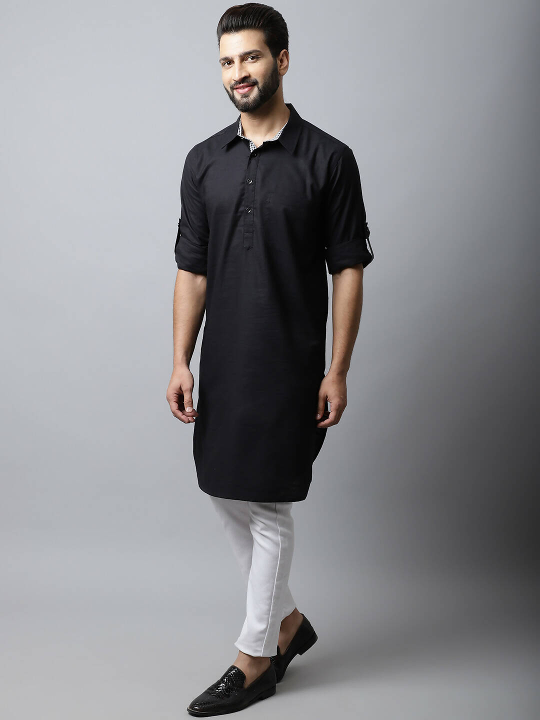 Even Apparels Black Color Linen Solid Men's Kurta With Shirt Collar (LN761)