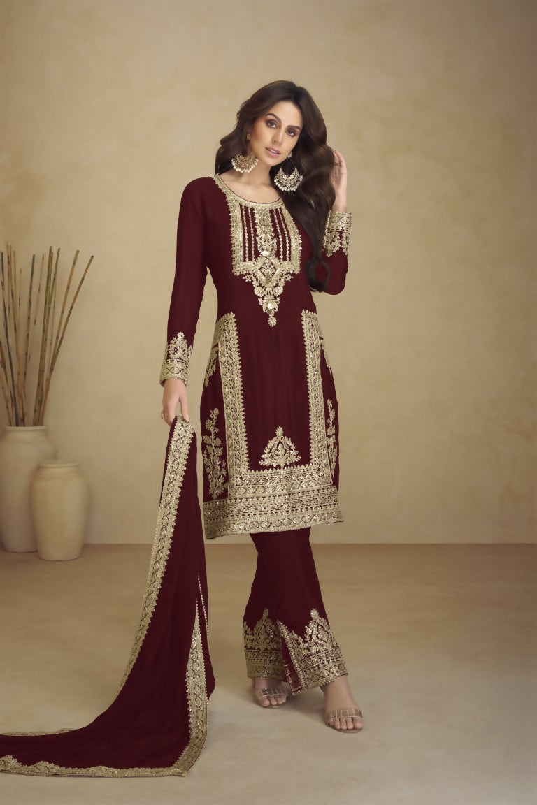 Vastranavya Gorgeous Maroon Faux Georgette with Embroidery 3mm Sequence & Coding Work Pakistani Straight Pant Suit