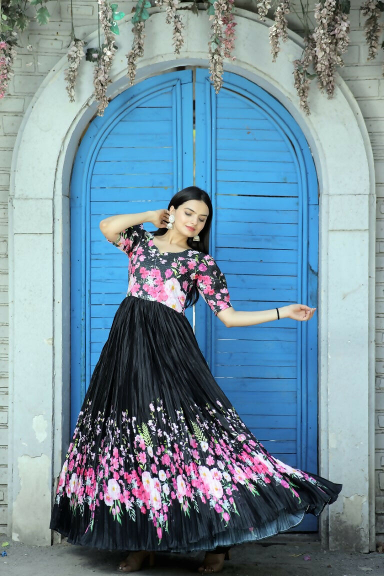 Jyoti Fashion Women's Black Floral Digital Printed Chinon Anarkali Dress