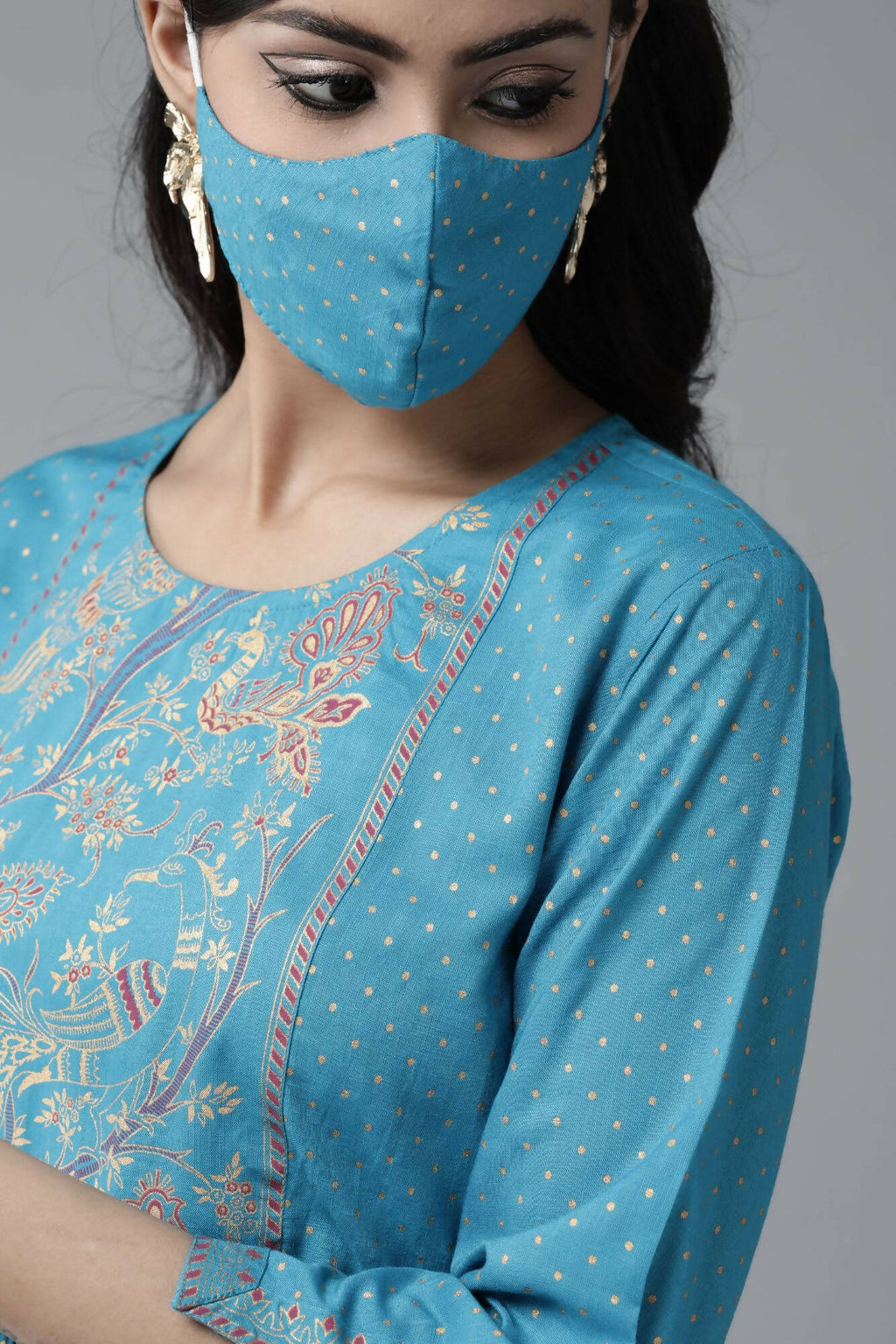 Juniper Women Skyblue Rayon Slub Polka Print Peplum Tunic