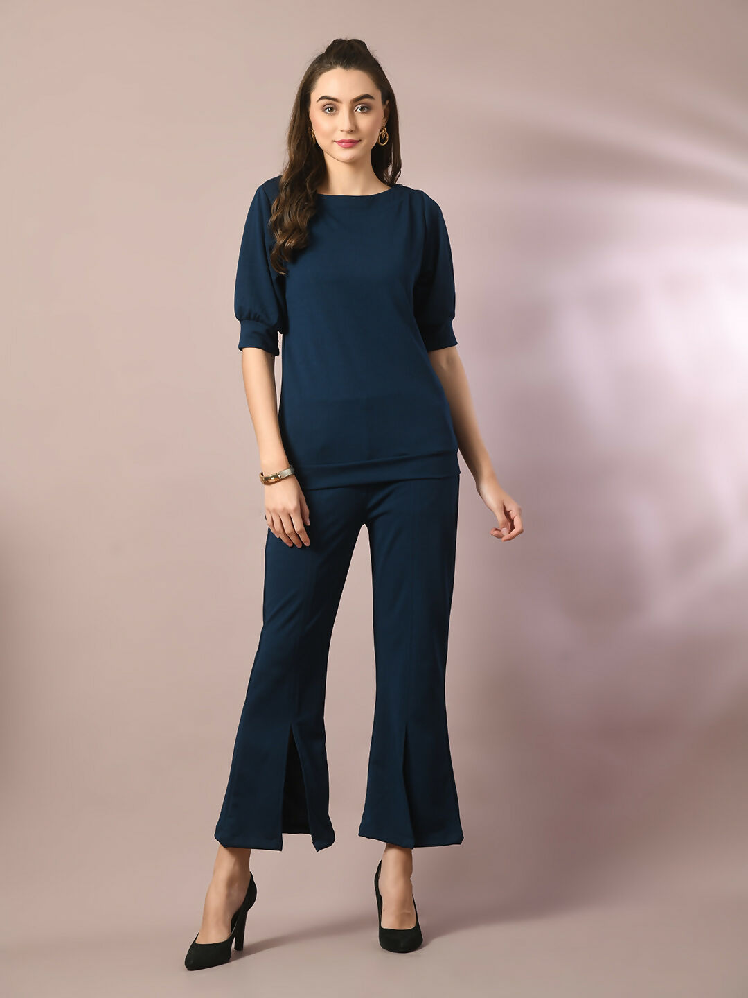 Myshka Women's Blue Solid Boat Neck Party Top With Trousers Co-ord set
