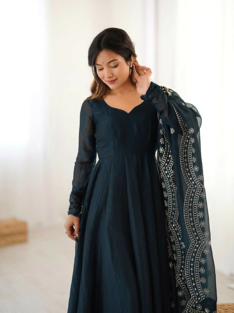 Joban Fashion Blue Chinnon Silk Sequence Embroidery Work Readymade Kurta Set