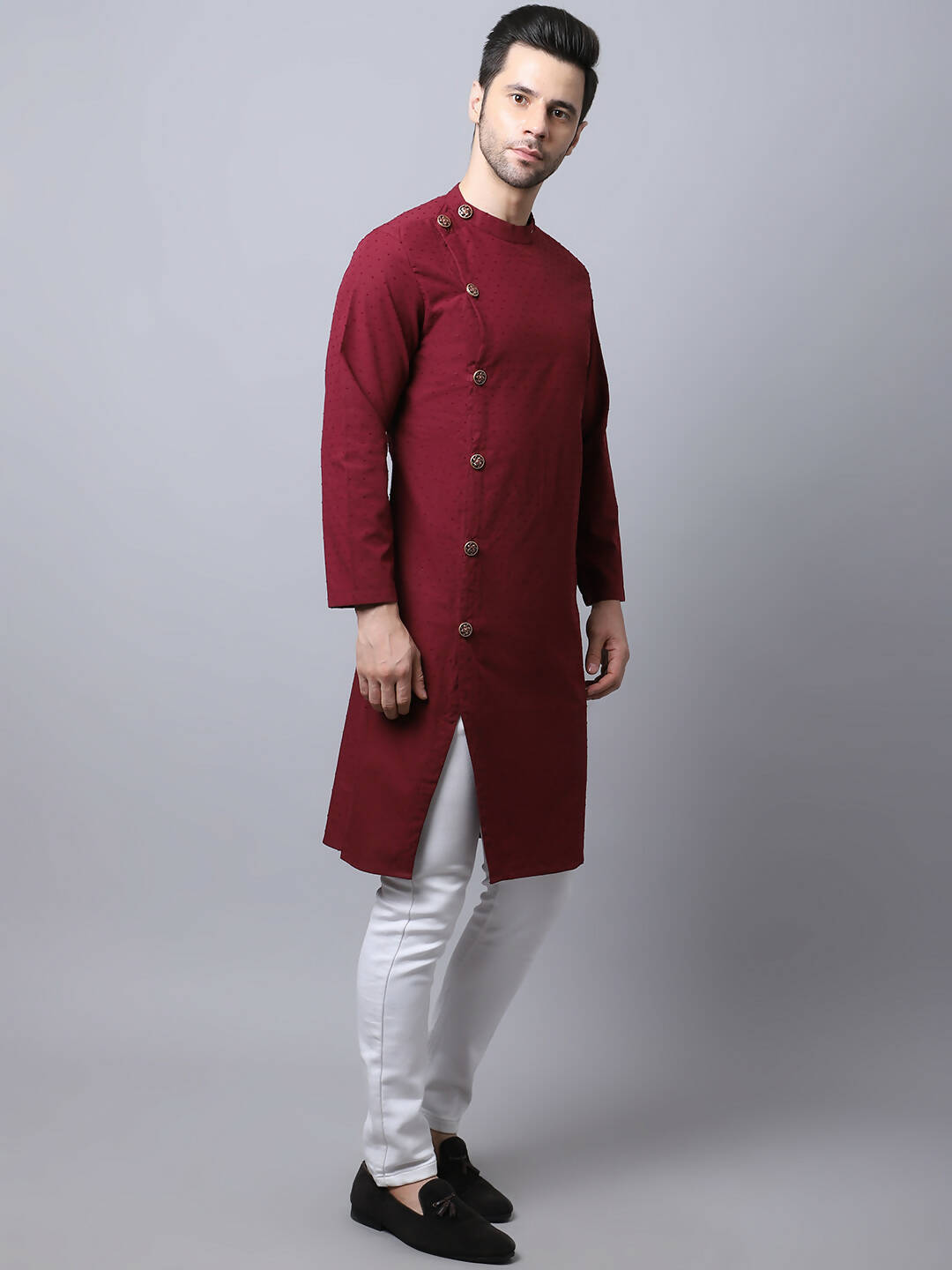 Even Apparels Maroon Pure Cotton Sherwani Men's Kurta With Asymetrical Cut