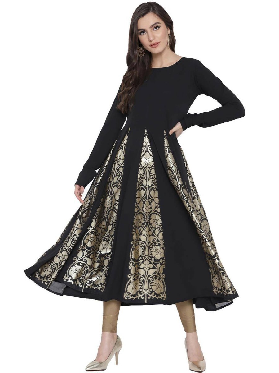 Ahalyaa Black Crepe Foil Printed Anarkali Kurta