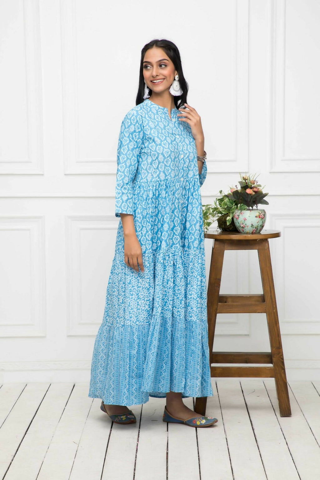 Myshka Women Blue Floral Cotton A-Line Mandarin Collar Long Dress