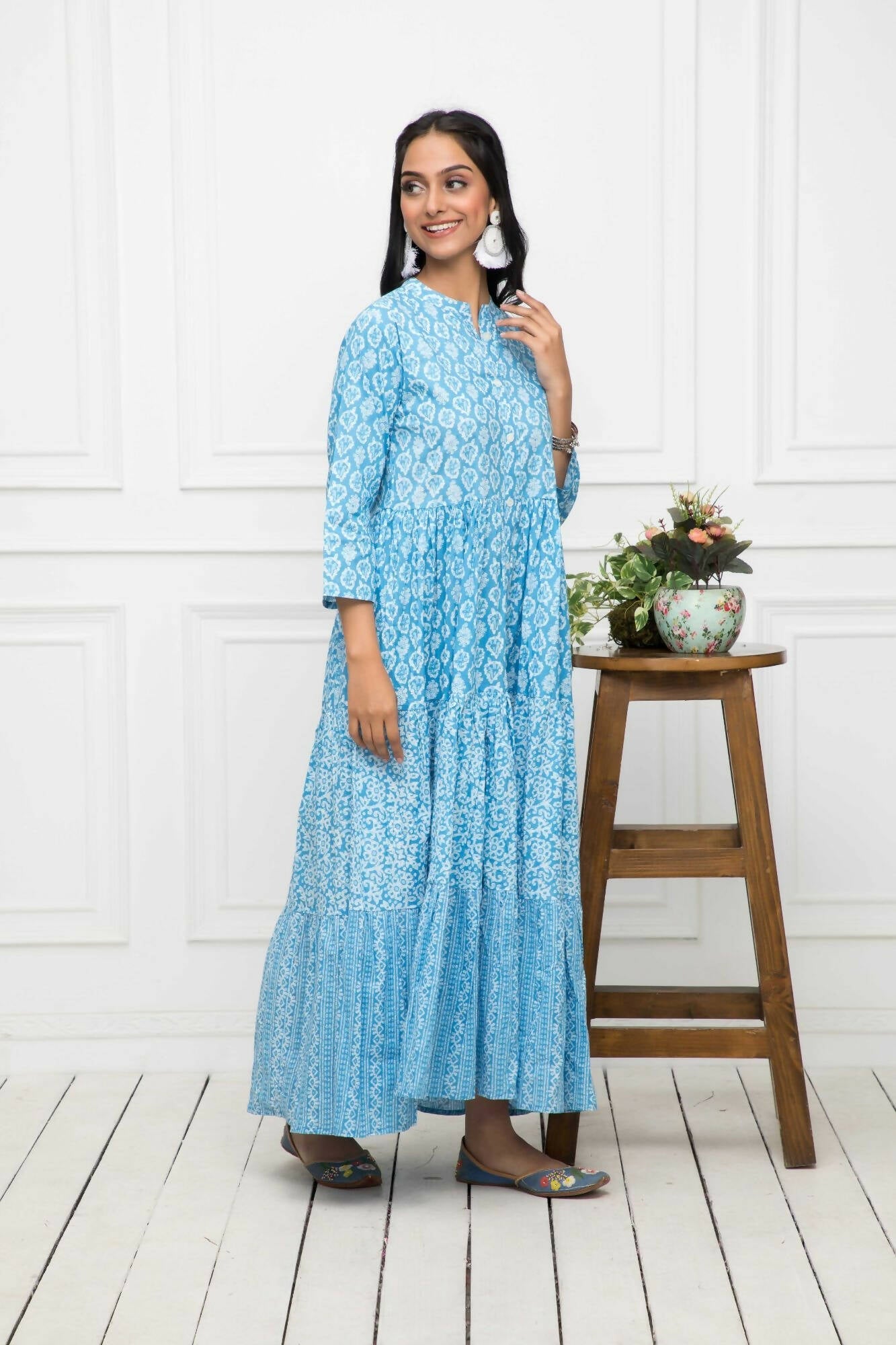 Myshka Women Blue Floral Cotton A-Line Mandarin Collar Long Dress