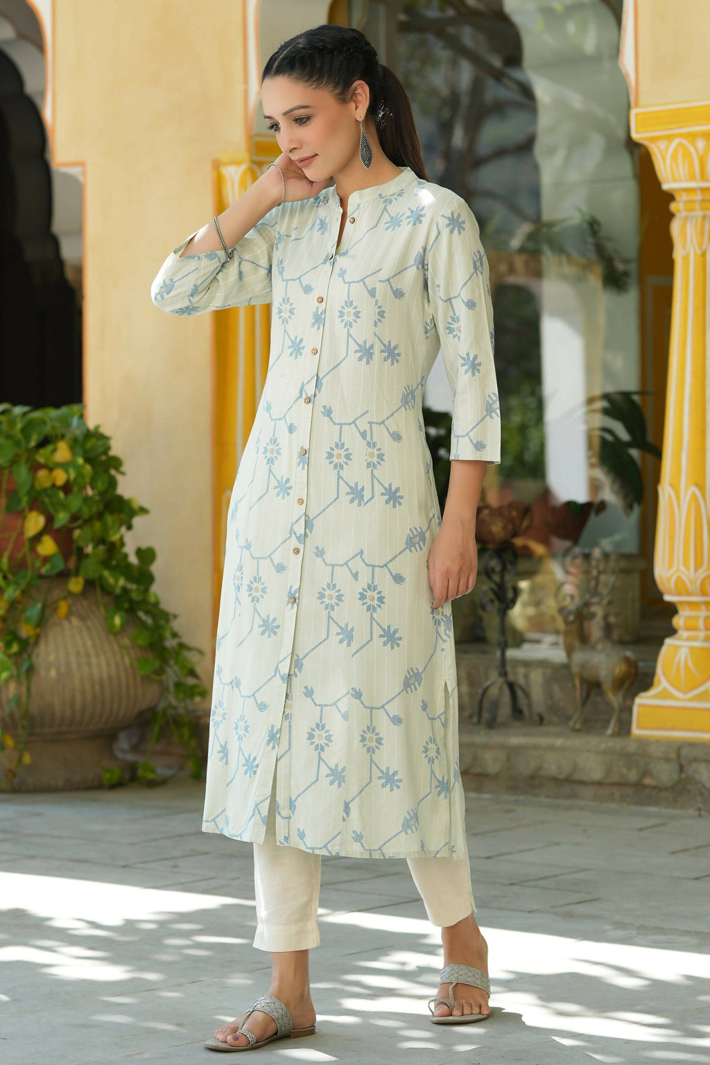 Juniper Women's Sky Blue Rayon Staple Printed A-Line Kurta