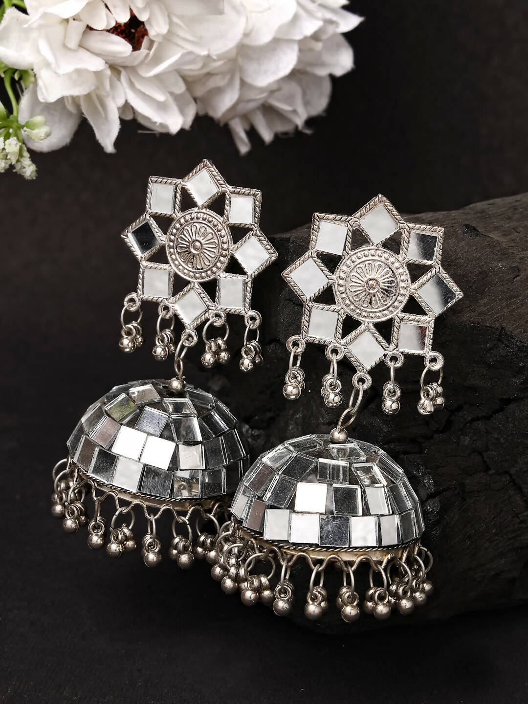 NVR Women Silver Mirror Oxidised Brass-Plated Jhumka Earrings