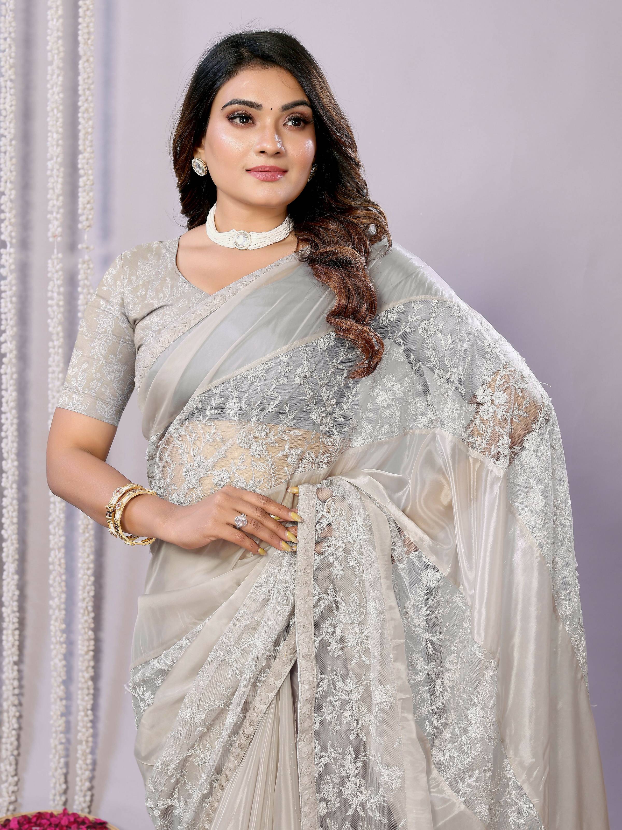 Grey Glass Tissue,Net Embroidered Saree With Stitched Blouse - Nimaya Kaksha