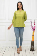 Myshka Women Green Solid Mandarin Collar Regular Sleeves Pure Cotton Top